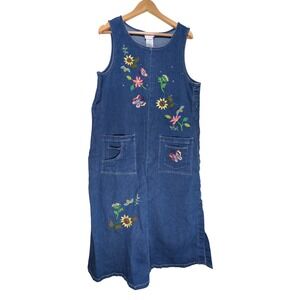 Quacker Factory Womens Blue Denim Embroidered Floral Butterfly Jumper Dress M